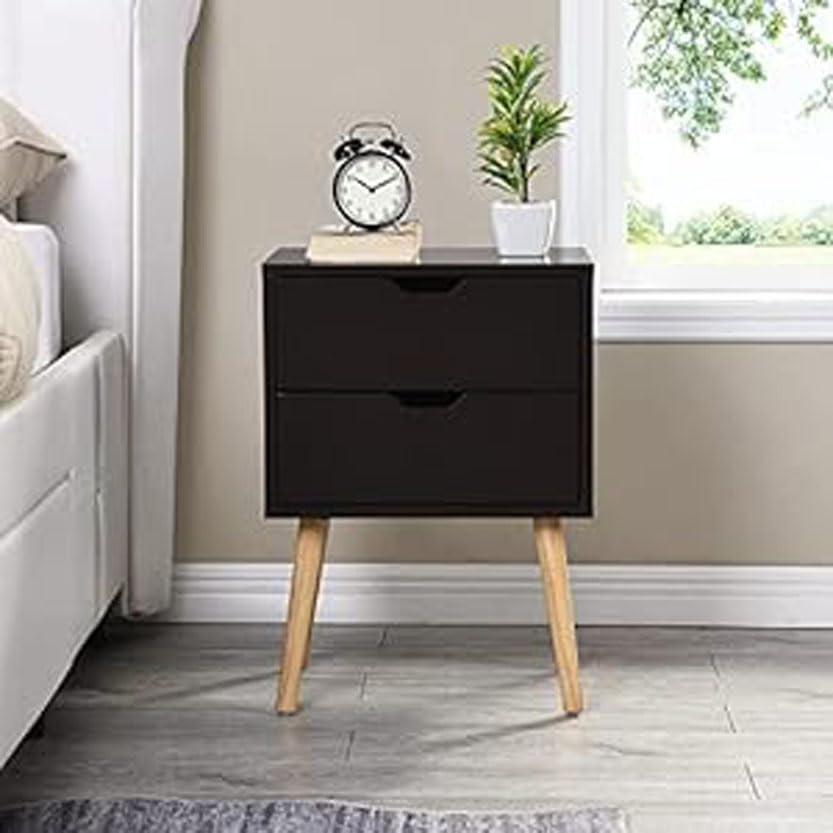 Image of VASIL MART Bedside Tables, Wooden Nightstands with Solid Wood Legs & 2 Drawers, End Tables Storage Units for Living Room /Bedroom,etc .(Black)