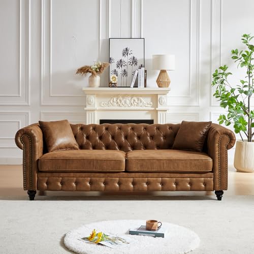 Image of Modern Chesterfield Sofa Couch, 85.5-inch Faux Leather 3-Seater Sofa with Rolled Arms and Tufted Button for Living Room, Office, Brown