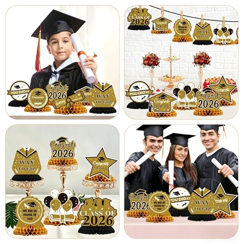Image of Graduation Decorations 2026, 10PCS Graduation Centerpieces for Table, Black Gold Graduation Party Decorations Class of 2026 Congrats Grad Honeycomb Centerpieces Table Decor Graduation Party Supplies