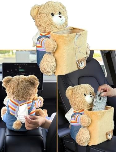 Cute Car Trash Can with Tissue Holder Teddy Bear Tissue Box,Rainbow Bear