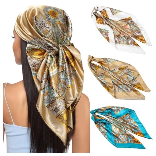 Kajeer 3 Pièces Foulard en Soie pour Femmes - 90x90cm Grand Guadratic Élégant Foulards Tissu pour Femmes Satin Bandana Filles Foulard Accessoires de Cheveux