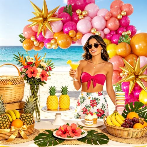 Image of 152Pcs Tropical Balloon Arch Garland Kit, Sunset Hot Pink Orange Coral Red Yellow Metallic Gold with Foil Star Balloons for Hawaiian Luau Birthday Graduation Party Decorations