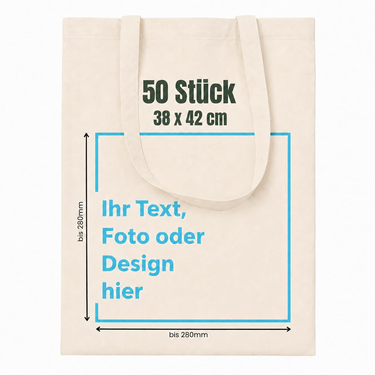 Generisch Personalisierte Baumwolltasche aus 100% Baumwolle - 10 | 20 | 50 | 100er Pack, Stoffbeutel mit langen Henkeln, Jutebeutel bedruckt mit Namen oder Wunschtext