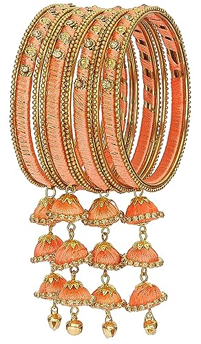 Image of NMII Metal & Silk Thread Jhumka Zircon Latkan Stylish Bangles Set For Women's and Girls | Women's Fancy Latkan Bangles Set | Ethnic Fashion Jewellery- Set of 12 Bangle, (G405 Peach-(1)-2.6)