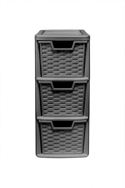 VTL® 3 Drawer Rattan Style Plastic Small ALL BLACK Tower Storage Unit for School Home