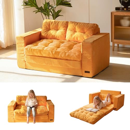 MAXYOYO Convertible Sofa Bed, Pull Out Loveseat Sleeper Sofa, 2 in 1 Folding Couch Bed, Fold Out Floor Couch with Pillows for Living Room Bedroom Lounge, Orange