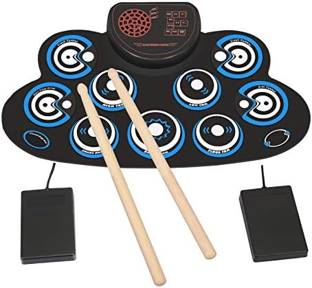 Electronic Drum Set Kids Foldable Practice Drum Pad Rechargeable Drum Kit, Built in Speakers Foot Pedals,Drum Sticks, Birthday Gift for Beginners (Blue)
