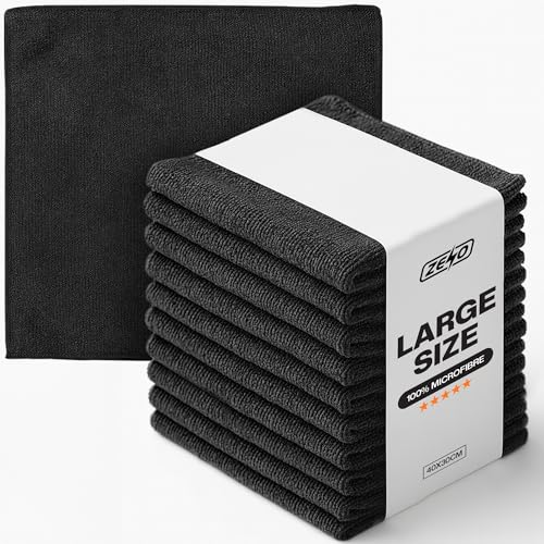 ZENO Microfibre Cloth 40 X 30CM | Cleaning Cloths | Ultra Absorbent Microfiber Cloths | Lint Free Microfibre Cleaning Cloth | Streak Free, Scratch Free Cloths for All Surfaces (10, Black)