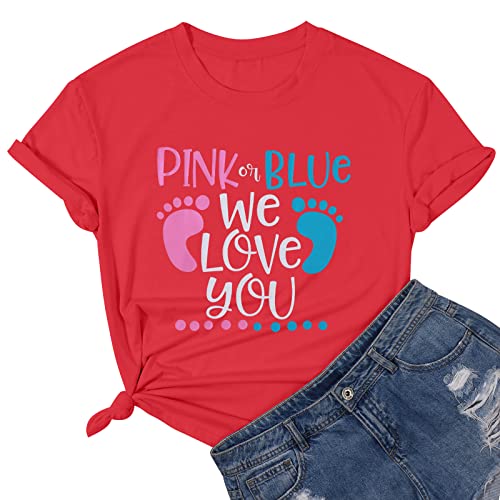 Pink Or Blue We Love You T Shirt For Women Gender Reveal Shirts Funny Pregnant Reveal Tee Tops (S, Red) #TOP29