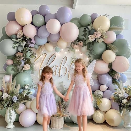 Image of Dusty Green Purple Pink Balloon Arch, Double Stuffed Lavender Light Sage Green Ivory Blush Pastel Balloon Garland Kit for Baby Shower Birthday Wedding Bridal Wild-Flower Tea Party Decoration