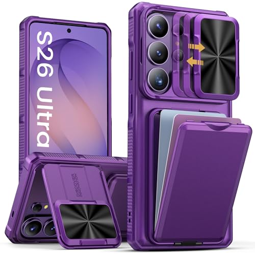 SSLOTSCASE for Samsung Galaxy S26 Ultra Case with Card Holder & Camera Stand & Kickstand & Slide Camera Lens Cover & Wallet, Heavy-Duty Shockproof Protection Phone Cover for S26 Ultra, Dark Purple by SSLOTSCASE - Used condition - US$17.23