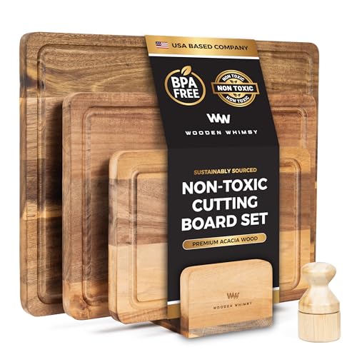 Rustic Wooden Cutting Board Set with Stand and Oil Applicator - 3-Piece Acacia Wood Butcher Block - Plastic-Free Cutting Boards for Kitchen Food Prepping, Charcuterie, and Cheeseboards