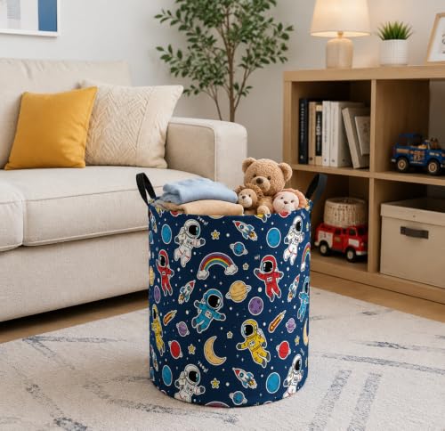Image of MAIZMZ Kids Storage Bin Astronaut Space Hamper,15.7 inch D x 19.7 inch H Waterproof Linen Laundry Basket with Leather Handles for Boys Room, Gifts