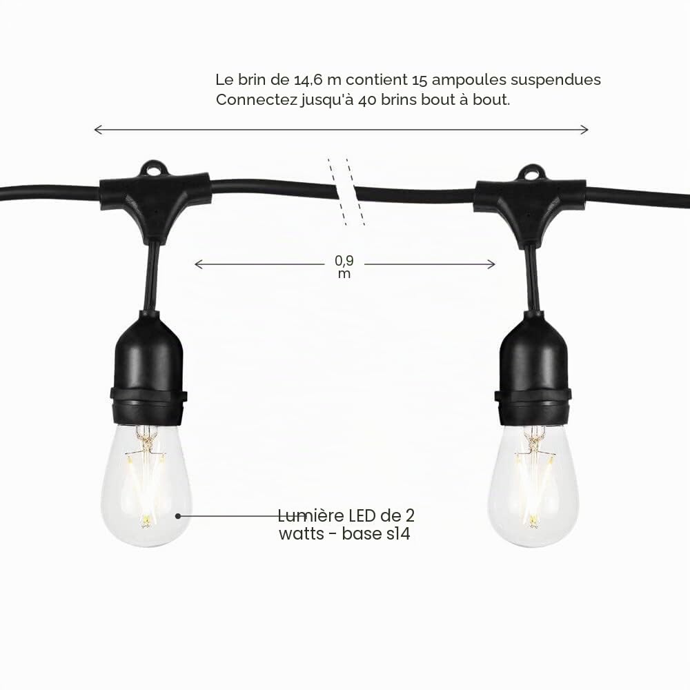 15M Guirlande Lumineuse Exterieure (3*5M) Noire Pour 30 Douilles Raccordable Jusqu'à 100M/1000W LED IP54 E27 Décoratif Extérieur Patio Cour Fêtes Mariage Jardin, Guirlande Guinguette Exterieur