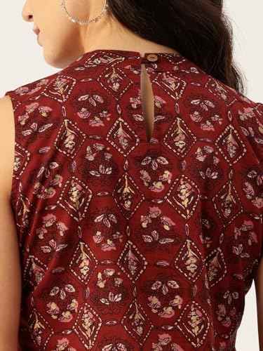Image of feranoid Unique Printed Choker Neck Back Button Sleeveless Long Kurti