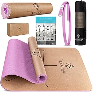 KESSER® Yogamat, kurk, incl. draagriem, tas en yogablok, gymnastiekmat, yogamat, antislip, van natuurlijk rubber, TPE, fitnessmat, 183 x 62, trainingsmat voor fitness, sportmat, gymnastiek, extra dik