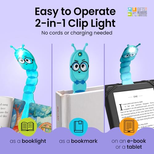 Image of Gifts for Readers & Writers Book Light for Kids, Clip On Reading Light for Bed, 2in1 Flexilight Pals & Bookmark, Small & Lightweight with a Soft Glow, 2 Batteries Included, Bookworm Teal