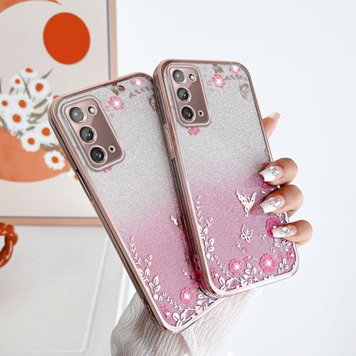 Image of for Note 20 Case,Galaxy Note 20 Case for Women Gradual Change Glitter Crystal Soft TPU Stylish Butterfly Floral Heart Clear Protective Cover with Strap for Samsung Note 20 (Rose Gold)