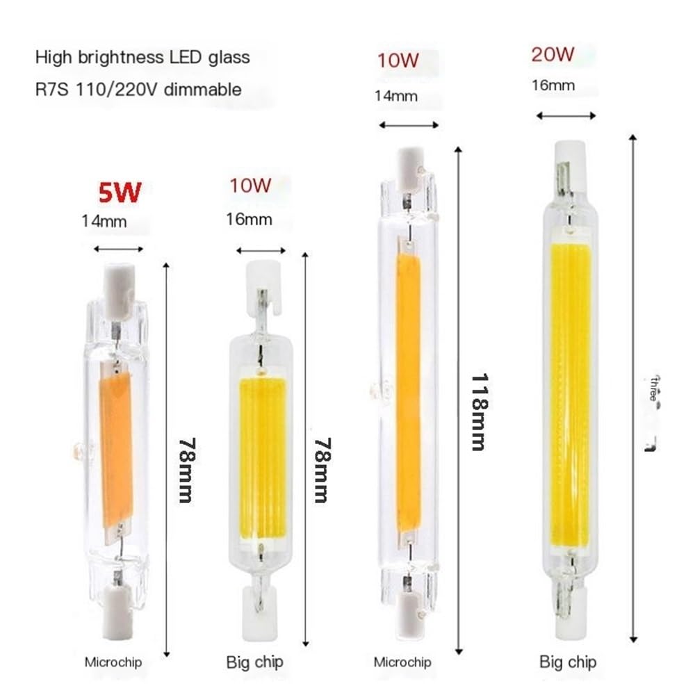YSJX lighting, Paquete de 4, R7S LED COB Light AC220V 78mm/118mm/189mm Brillo Luz Cerámica + Lámpara de vidrio Bombillas para el hogar(Warm White,118MM 20W)
