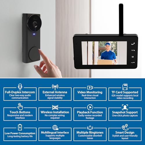 Timbre Video Inalámbrico, Timbre WiFi con Monitor en Color de 4,3", Intercomunicador de Audio Bidireccional y Videollamada, Vista en Directo, Visión Nocturna, Gran Angular 120°, Timbre sin App & WiFi - imagen 2