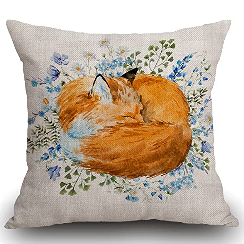 Smooffly Watercolor Sleeping Fox Cushion Cover Outdoor Furniture Decorative Linen Square Double Sided Printing Pillow Cover for Home Office Sofa Couch Car Garden 45 x 45cm 18 x 18 inches