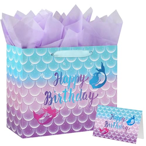 Yusenguan 13" Large Mermaid Happy Birthday Gift Bag with Tissue Paper, Greeting Card and Handle for Kids, Girls Birthday Party