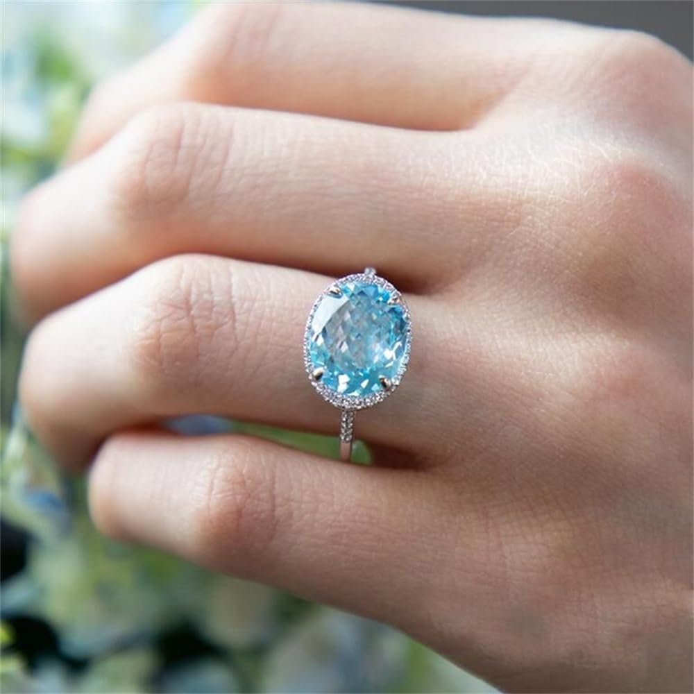 Fashion Shiny Half Full Diamond Large Carat Oval Cut Blue Aquamarine Birthstone Ring CZ Diamond Eternity Engagement Wedding Band Ring Promise Ring Cocktail Party Ring for Women ST.382 (7)