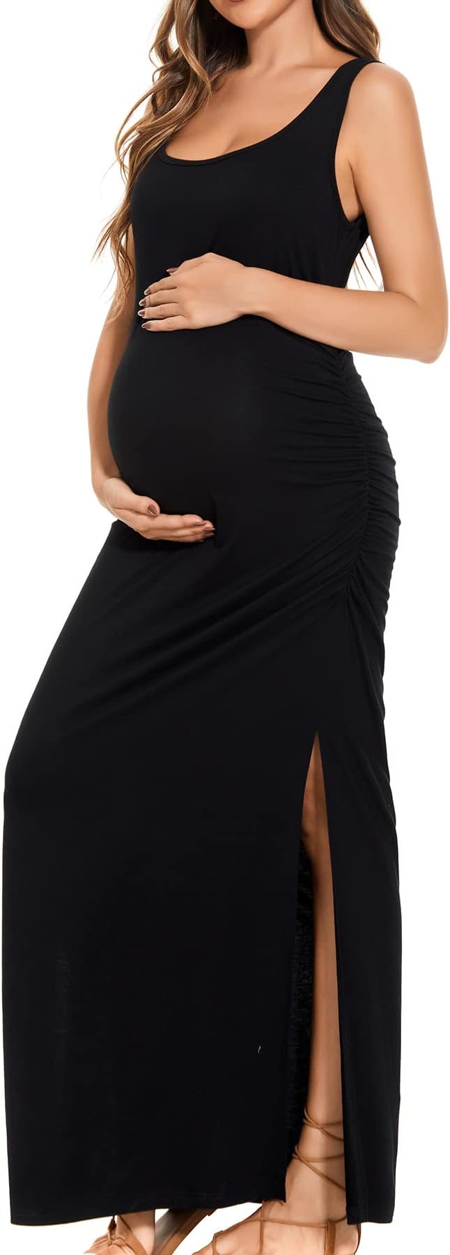 Women's Split Long Maternity Dress Sleeveness Ruched Pregnancy Clothes