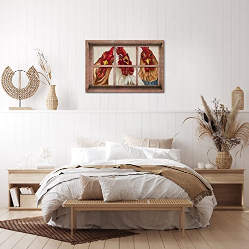 Levvarts Vintage Farm Animal Painting On Canvas Rooster Chickens With Rustic Window Picture Wall Art Retro Farm Rooster Artwork For Cabbage Barn Kitchen Wall Decor #TOP3
