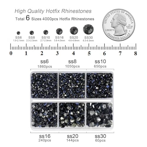 Image of BEADSLAND Hotfix Rhinestones, 4000 PCS Gray Rhinestones for Clothes Crafts Mixed 6 Sizes with Wax Pencil and Tweezers Kit, SS6-SS30, Black Diamond