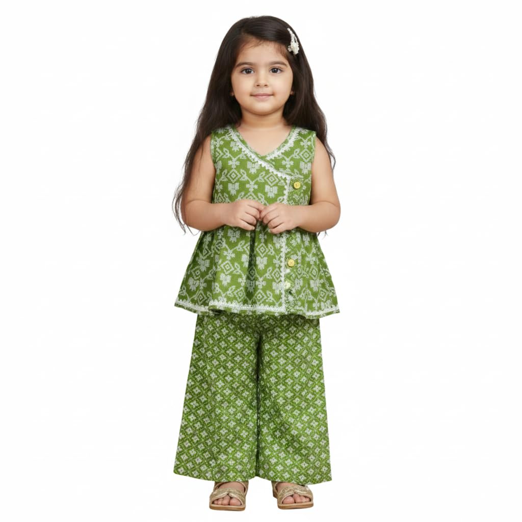 Sleevless Floral Printed Festival Cotton Frock & Sarara Set for Baby Girls-image-5