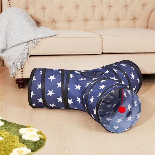 Image of Tempcore Cat Tunnel for Indoor Cats, 3 Way Collapsible Pet Play Tunnel with Teaser Wand, Peek Holes & Hanging Ball, Interactive Tube for Kittens & Rabbits, Pentagram Printed