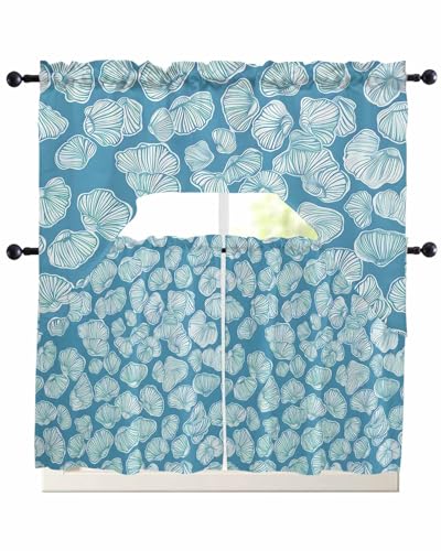 Ocean Conch Swag Kitchen Curtains Valance and Tier Set 36 Inch Length, Coastal Teal Blue Shell Summer Beach Rod Pocket Swag Curtains for Living Room Bedroom Bathroom Window Drapes 3 Piece