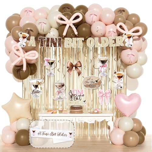 Costova A Tini Bit Older Birthday Decorations 113 PCs Espresso Martini Party Supplies Includes Balloon Hanging Swirls Banner Cake Topper Gold Fringe Curtain Sash for Girls Birthday Party