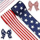 Patriotic Star and Striped Wired Ribbon for DIY Crafts – 2 Rolls 2.5 Inch White Blue USA Ribbon for 4th of July Independence Day Memorial Day Wreath Bows Wrapping Decorations