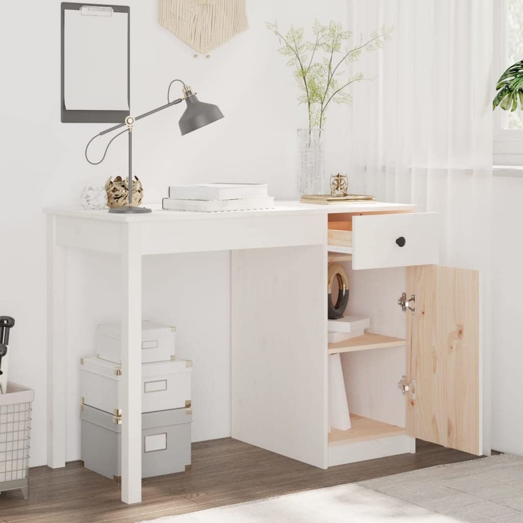 Escritorio blanco 100 x 50 x 75 cm de madera maciza de pino con cajón y armario, amplia superficie de trabajo para ordenador y libros, ideal como mesa de ordenador o mesa de trabajo