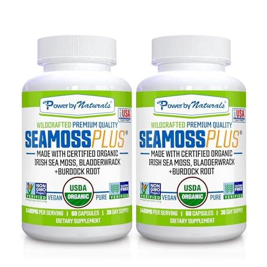 Power by Naturals - Certified Organic Sea Moss Plus - (2-PK) Wildcrafted Irish Sea Moss and Bladderwrack Burdock Root Capsules - Vegan Seamoss Pills for Cell Health - No Filler- Pure Sea Moss Capsules