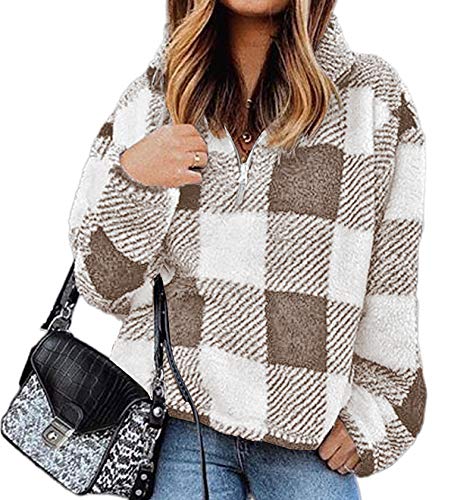 BTFBM Womens Sherpa Pullover Quarter Zip Long Sleeve Fluffy Soft Fleece Jackets Sweaters Sweatshirts Hoodies Outwear Coat (Plaid Khaki, X-Large)
