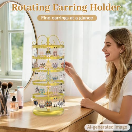 Image of MODOWEY Rotating Earring Holder Organizer Stand, 5 Tier Metal Tree Display for Women Vendors, 220 Holes Adjustable Jewelry rack for Stud Hoop Dangle Storage, Trendy Carousel Keeps Dresser Neat, Gold