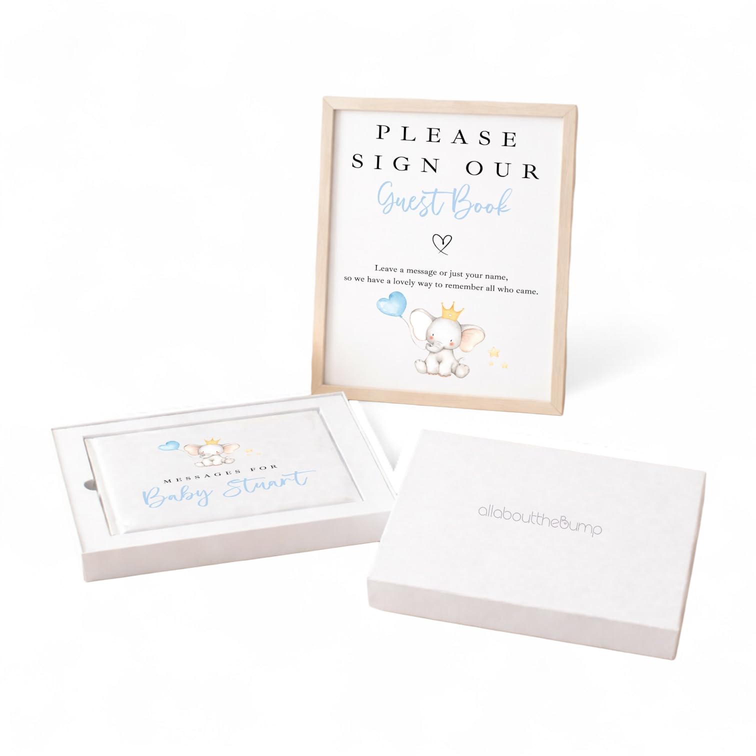 Personalised Blue Elephant Baby Shower Guest Book optional Sign Set, White, A4 Sign with 80-Page Message Book, 23x17.5cm, Keepsake Memory Book Boys (Book & Sign: Boxed)