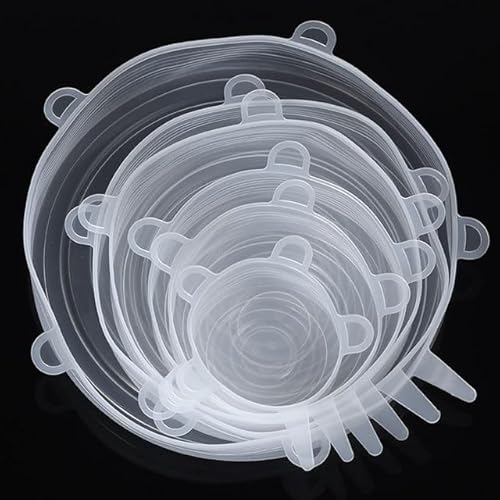 Dehnbare Silikondeckel, 6 Stück Silikon Stretch Deckel Stretch Lid Silikon Abdeckung in Verschiedenen Größen, Wiederverwendbar & Erweiterbar - für Schüsseln, Becher, Dosen, Obst (weiß)