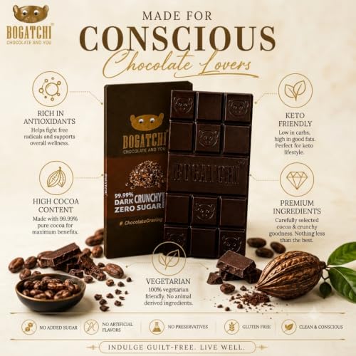 Image of BOGATCHI 99% Dark Chocolate Crunchy, 60g | Premium High Cocoa Chocolate Bar | Real Cocoa Goodness | Rich Intense Dark Chocolate Taste | Crunchy Texture | Vegetarian
