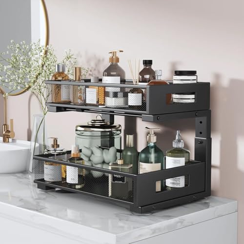 Image of 1 Pack 17IN Depth Under Sink Organizer, 2-Tier Pull Out Cabinet Organizer With Smooth Circular Rail, Large Capacity Metal Mesh Sliding Drawers For Bathroom& Kitchen Storage,Height Adjustable -Black
