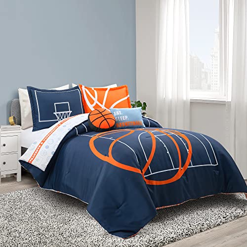 Lush Decor Basketball Game Reversible Comforter Queen Size 5 Piece Set Full/Queen Navy - Kids Comforter Set - Basketball Comforters - Sports Decor