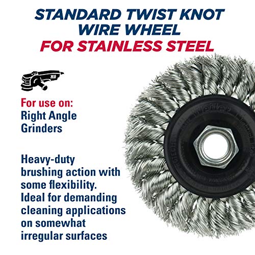 Image of Weiler 13113 Dualife 5 /8 inch-11 Arbor, 0.014 inch Wire Size, 4 inch Diameter, 1 /2 inch Face Width, 302 Stainless Steel Bristles, Standard Twist Knot Wire Wheel Brush, 0.014 Wire Size / 5 /8 inch-11 UNC Arbor, Made in the USA