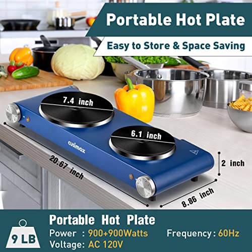 Hot Plate, Cusimax Double Burner, 1800W Electric Cooktop, Cast Iron Hot Plate For Cooking, Portable Electric Stove, Stainless Steel Countertop Burner, Easy To Clean, Blue #TOP5