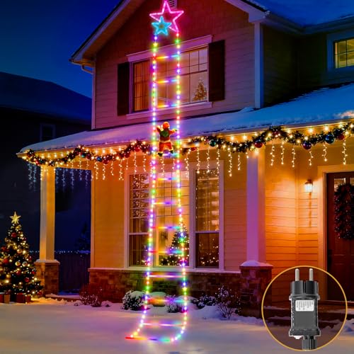 Buudala 3.0M Luci Natalizie da Esterno, Luce Della Scala con Babbo Natale, 8 Effetti di Luce e Funzione Timer, Addobbi Natalizi da Esterno, Adatto per Balcone, Finestra, Giardino, Albero Natale, RGB