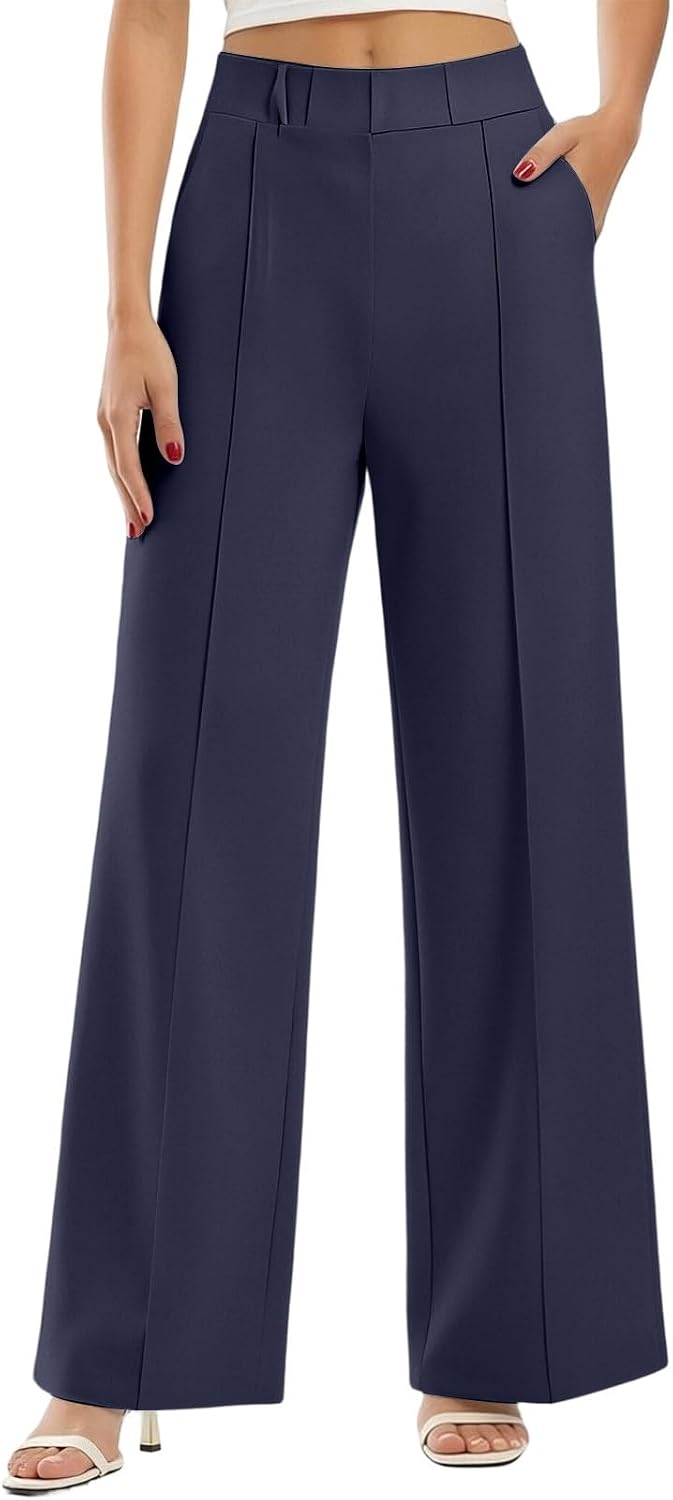 Womens Straight Leg Dress Pants Stretch High Waisted Comfy Soft Slacks Business Casual Office Trousers with Pockets