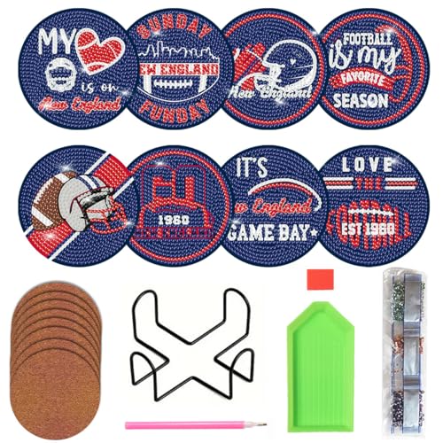 Bartogro 8 Pcs Diamond Painting Coaster Kits, DIY Football Diamond Art Coasters with Holder Sports Diamond Art Crafts Supplies for New England Design