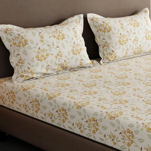 Image of Layers 100% Cotton Fitted Sheet for King Size Bed | Lumina Floret Collection | 144 TC Soft & Breathable | Floral Print with 2 Pillow Covers | Wrinkle Free & Colorfast | 3 Pc Bedding Set - Yellow